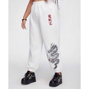White Plus Chinese Dragon & Japanese Letter Graphic Sweatpants Comfy Quilted 1X